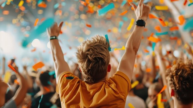 A man with blonde hair raises his arms in celebration amidst a crowd at a lively concert, with colorful confetti falling all around, capturing the joy and excitement of the moment.