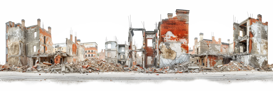 Urban building ruins with debris post-apocalyptic scenery transparent background