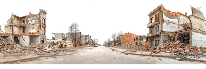 Ruins of buildings on transparent background urban destruction scene