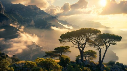 luxurious and natural scenic photo of Amalfi mountains with cedarwood trees and sun rays