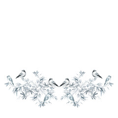 Birds siting and singing on a branch. Watercolor composition with a graceful olive tree branch, siting and singing nightingales in monochrome. Isolate in black and blue colors on white background. The