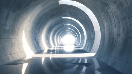 Obraz premium Futuristic cylindrical corridor with concentric arches and natural light creating patterns on textured walls and reflective floor