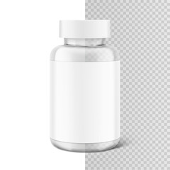 Clear i-catching pill bottle with label mockup for treats, vitamins, supplements isolated on white and transparent background. Vector illustration. ready for your design. EPS10.	