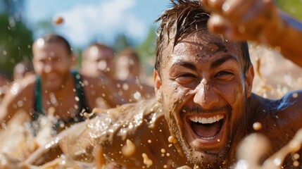 A man smiles widely as he crawls through a muddy obstacle course, showcasing the joy, excitement, and camaraderie of participating in a challenging outdoor activity.