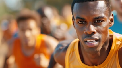 An athlete in an orange shirt is in the midst of a running competition, displaying determination, focus, and competitive spirit as he pushes through the race.