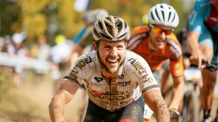 A cyclist covered in mud, smiling joyfully as he races in a competition, capturing the essence of excitement, resilience, and the thrill of adventurous outdoor sports.