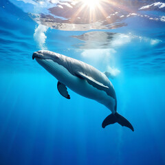 Fototapeta premium A beluga whale swims gracefully underwater, illuminated by sunlight in the blue ocean.