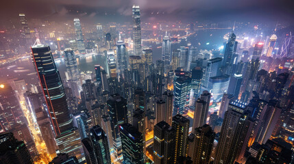 Fototapeta premium A bustling metropolis at night, with skyscrapers illuminated by city lights