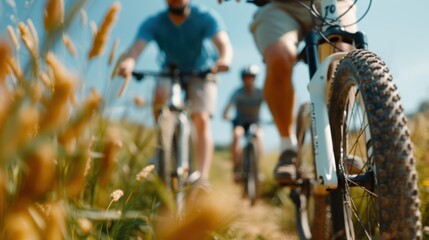 Naklejka premium A group of cyclists navigate a rugged mountain trail on a sunny day, showcasing the thrill of an adventurous ride amidst natural beauty and a challenging environment.