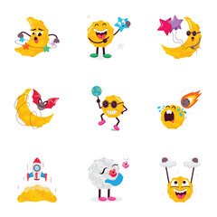 MobileSet of Flat Style of Cute Moon and Night Stickers

