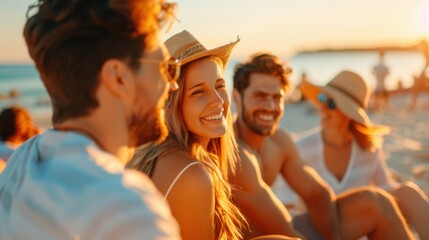 A group of friends sharing a joyful moment on a sunny beach, smiling and talking, capturing the essence of relaxation, companionship, and the simple pleasures of a summer day.