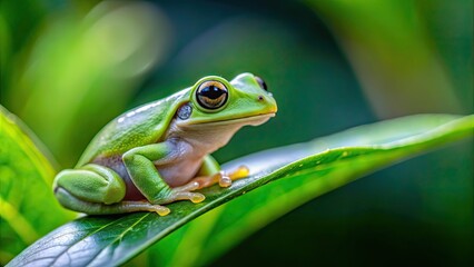 Obraz premium Close up of a tiny green frog perched on a plant leaf in a garden, frog, green, nature, wildlife, garden, amphibian, small