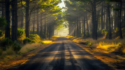 Obraz premium A paved road between rows of majestic pine img