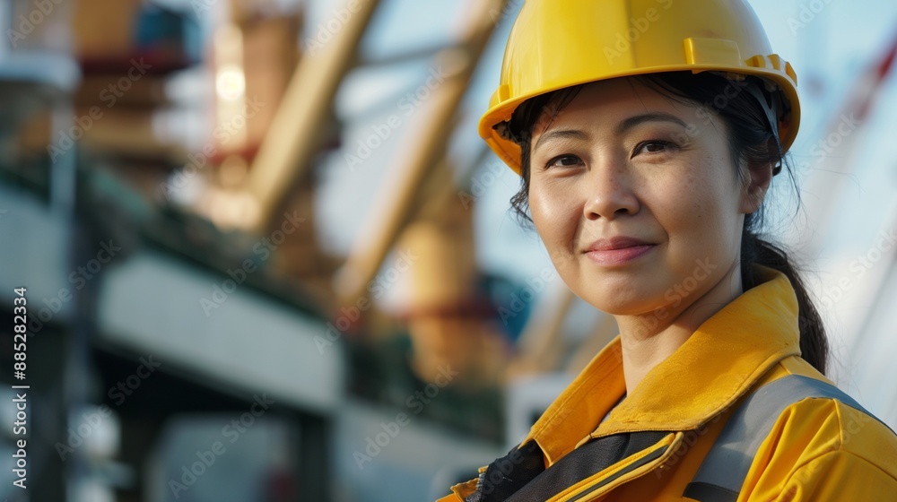 Wall mural close up portrait of a smiling asian woman worker in a hard hat and yellow jacket standing against a blurred cargo port with copy space working at sea or in a harbor, female engineer looking at camera