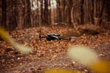 Drone flying in the autumn forest