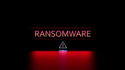 RANSOMWARE neon text,luminous word with warning exclamation mark. Ransomware data security threat,hack,virus,hacker attack,concept,wallpaper.3D render