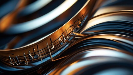 An abstract depiction of a musical concept where musical staves are transformed into waves symbolizing sound.