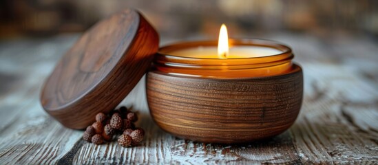 Fototapeta premium Burning Candle in Wooden Jar with Lid