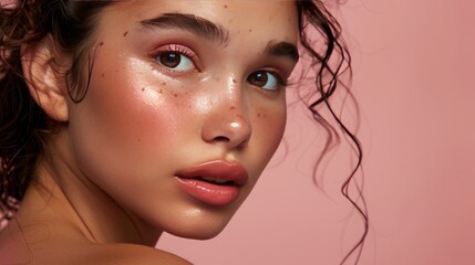 A female model with professional makeup on empty isolated background