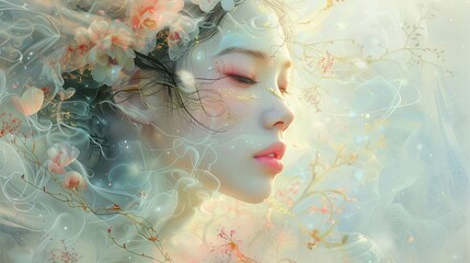 A dreamy portrait of a young woman with a soft-focus effect, surrounded by a gentle, ethereal glow