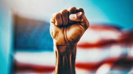 raised fist in front of blurred flag symbol of strength, unity, and empowerment