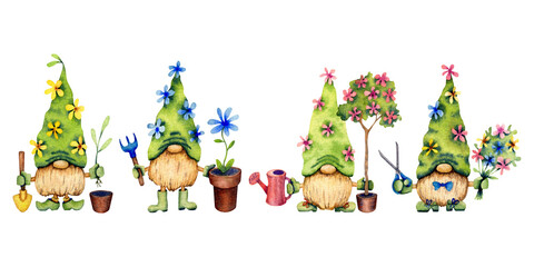 Watercolor set of garden gnomes isolated on a white background.