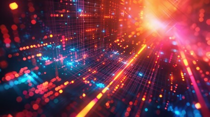 Naklejka premium A vibrant, neon-colored geometric technology background. It features interconnected glowing lines and squares, creating a futuristic and dynamic look.