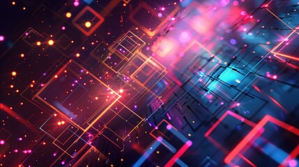 Fototapeta premium A vibrant, neon-colored geometric technology background. It features interconnected glowing lines and squares, creating a futuristic and dynamic look.