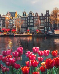 Fototapeta premium Spring Europe. Beautiful Amsterdam Landscape with Tulips, Canal, and Architecture