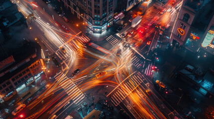 Obraz premium A busy city intersection at night, with headlights and tail lights creating light trails