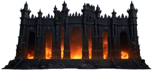 dark black castle in fire. isoltated transparent background