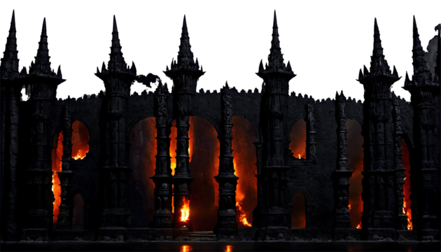 Dark medievel castle in fire. isolated transparent background