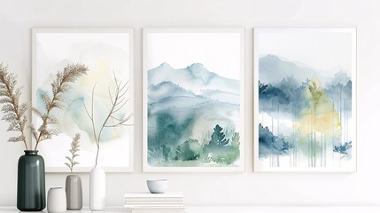 Fototapeta premium Three watercolor art posters featuring a continuous image, creating a cohesive and elegant wall display on a white background