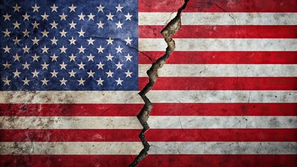 Broken USA flag symbolizing division and deterioration, fractured, divided, American, patriotism, unity, conflict, nation
