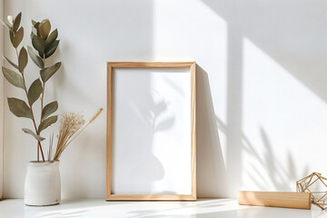 Minimalist wooden frame mockup on a white background, a simple blank poster with light wood edges in a flat lay composition for artwork or design presentation.
