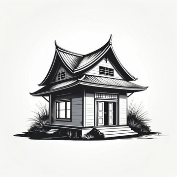 recommend clip art: black and white vector illustration of traditional asian house
                    