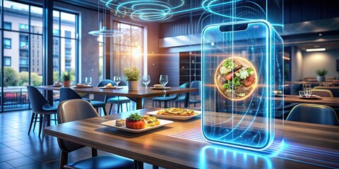 Futuristic holographic food delivery app showcasing virtual restaurant menu and ordering options , Future, Technology