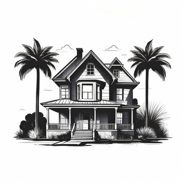 recommend clip art: black and white vector illustration of tropical house
                    