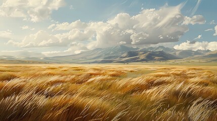 A vast prairie with golden grasses swaying in the wind, and a distant mountain range under a partly cloudy sky