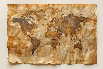 A detailed world map, printed on a crumpled piece of paper, is stained with coffee. Generative AI