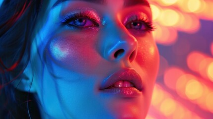 A modern beauty blogger demonstrating makeup techniques with a vibrant digital background