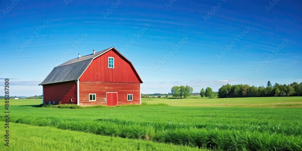 Poster rustic red barn surrounded by green fields and a clear blue sky , farm, agriculture, rural, countrys