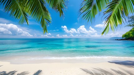Stunning Tropical Beach with Turquoise Waters and Palm Trees under Bright Blue Sky