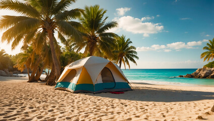 Obraz premium Tropical Beach Camping Paradise With Summer Background 