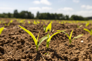 corn sprouts in sunny spring weather