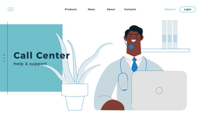Dark Skin Tone Medical Specialist Wearing Headset with Laptop on Abstract Background. Call Center Concept. Modern Flat Vector Illustration. Website Banner, Landing Page Template.