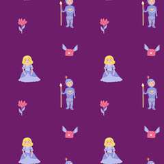 Childrens fairy pattern with princess and castle. Cute fantasy world clipart background. Childish magic pattern with cartoon characters.