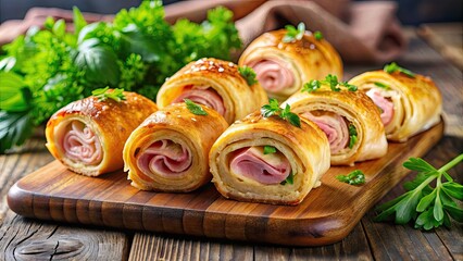 Puff pastry rolls filled with ham and cheese, freshly baked snacks, puff pastry, rolls, ham, cheese, baked, snacks, delicious