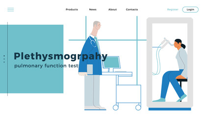 Male Medical Specialist and Female Patient Performs Whole Body Plethysmography in Medical Office or Laboratory. Modern Flat Vector Concept Illustration. Website Banner, Landing Page Design Template.