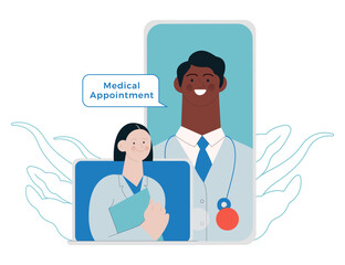 Male and Female Medical Specialist on Smartphone and Laptop Screens. Modern Flat Vector Illustration. Medical Appointment Online Through Device Concept.
